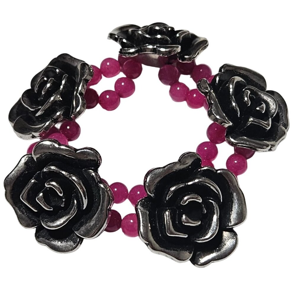 Vintage Silver Tone Carved Rose Pink Beaded Stretch Bracelet Fashion Jewelry
